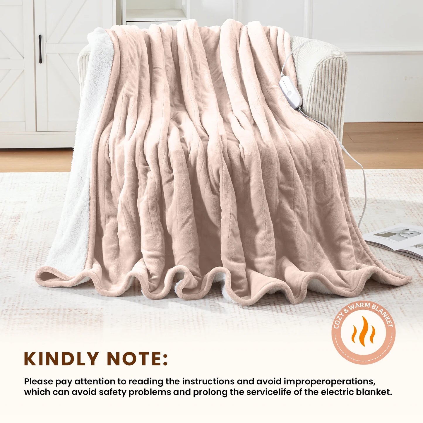 Electric Heated Blanket Twin Soft Flannel & Sherpa, 5 Heat Levels, 10 Hours Auto-Off Over-Heat Protection ETL Certification (62"X84", Beige)