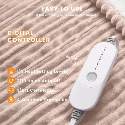 Electric Heated Blanket Twin Soft Flannel & Sherpa, 5 Heat Levels, 10 Hours Auto-Off Over-Heat Protection ETL Certification (62"X84", Beige)